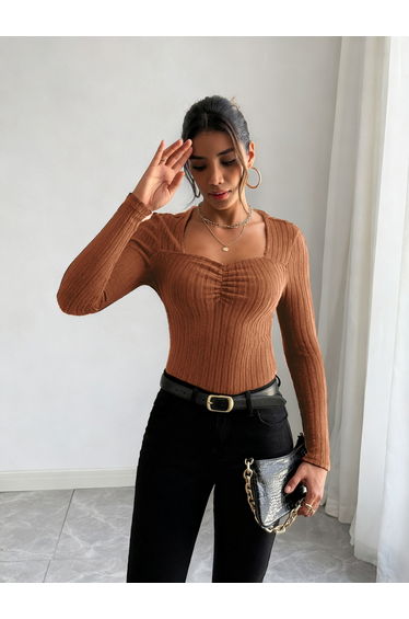 Women Orange Long Sleeve Ribbed Top