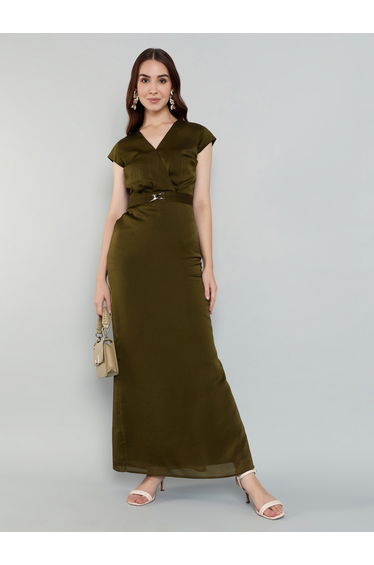 Women Olive Buckle Detail Maxi Dress