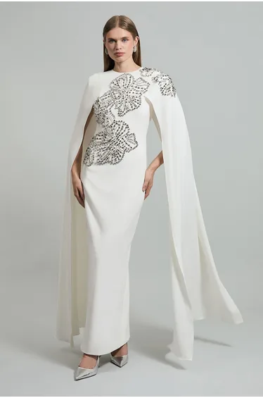 Petite Placed Floral Crystal Embellished Tailored Drama Cape Maxi Dress