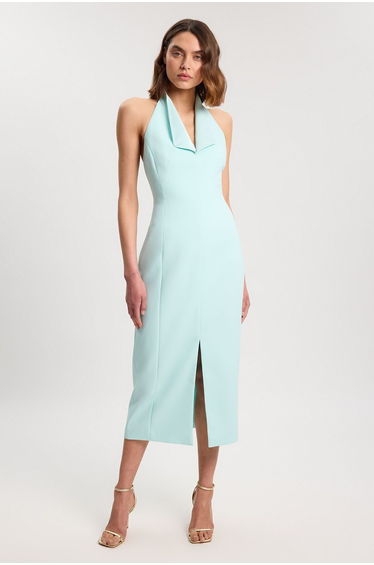 Satin Tux Back Detail Tailored Midi Dress