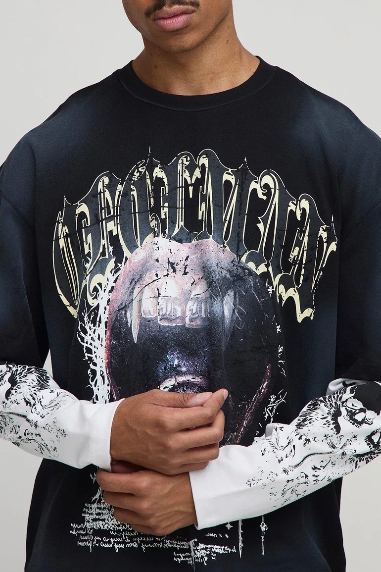 Oversized Boxy Ofclman Graphic Faux Layer Washed T-Shirt - black - 2