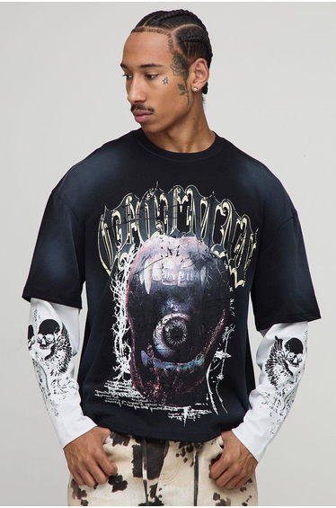 Oversized Boxy Ofclman Graphic Faux Layer Washed T-Shirt - black