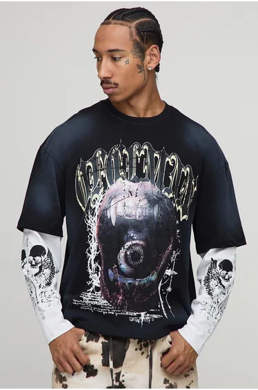 Oversized Boxy Ofclman Graphic Faux Layer Washed T-Shirt - black