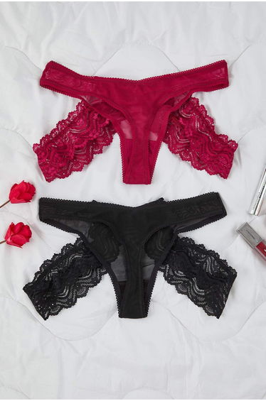 Black-Plum 2-Piece Tulle Printed Thong Panties