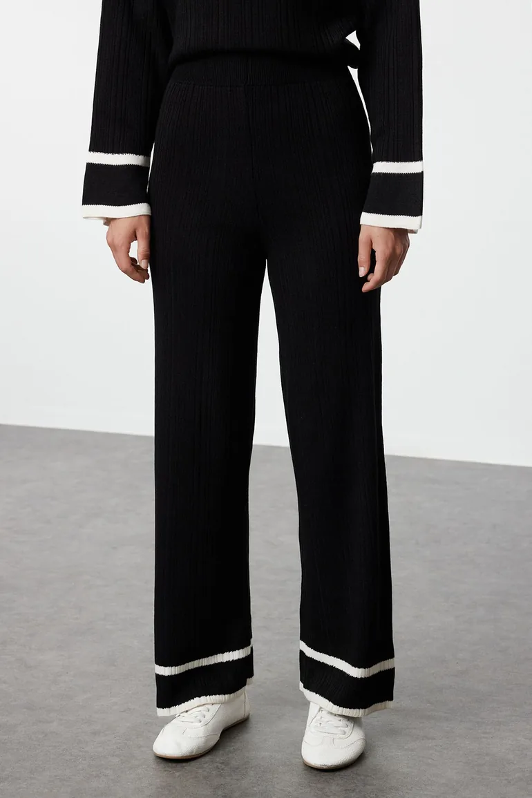 Black Ecru Piping Knitwear Sweater Trousers Bottom-Top Set - 4