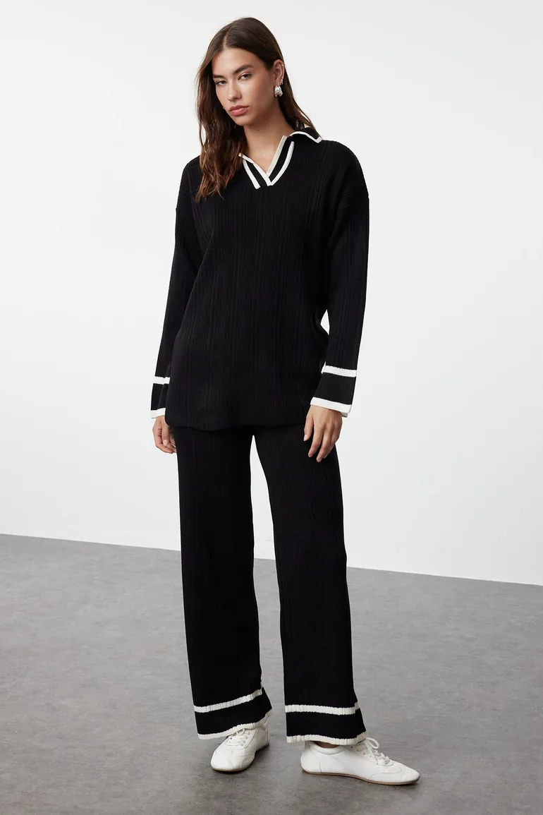 Black Ecru Piping Knitwear Sweater Trousers Bottom-Top Set