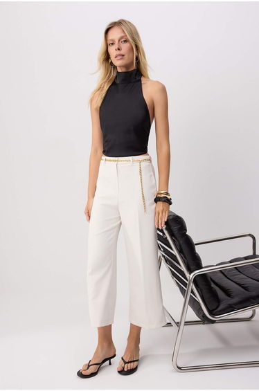 White Culotte Patterned Belted Trousers