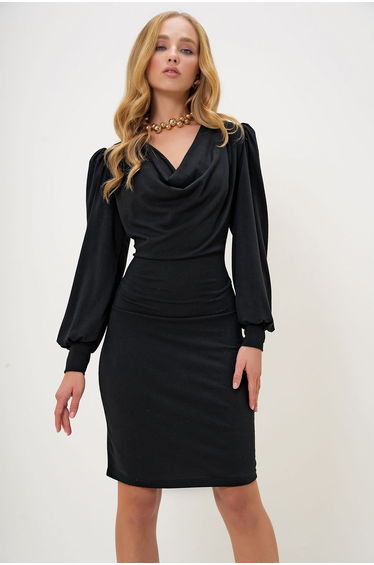 Women's Black Cowl Neck Princess Sleeve Knitted Crepe Seasonal Mini Length Dress
