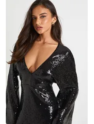 Sequin Angel Sleeve Maxi Dress - black - 3