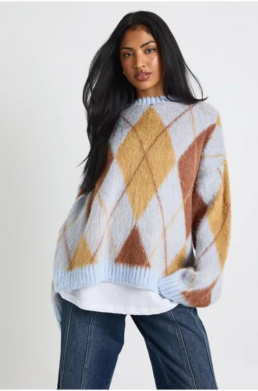 Super Soft Argyle Knitted Jumper - baby blue