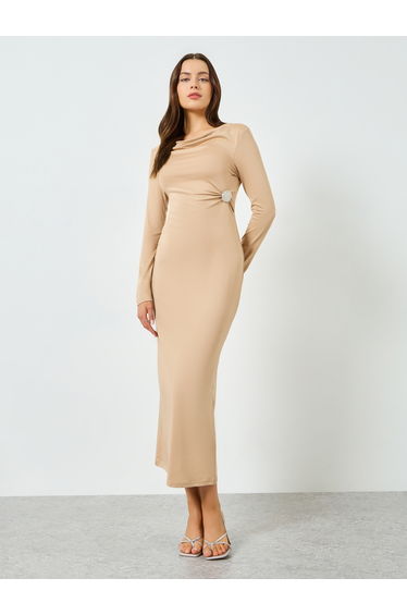 Beige Cowl Neck Embellished Buckle Detail Maxi Dress