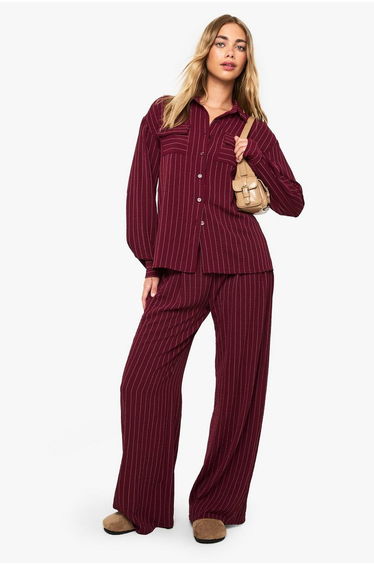 Woven Striped Pleated Wide Leg Trousers - burgundy