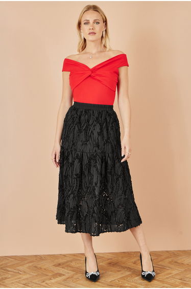 Yumi Black Mesh Applique Sequin Midi Skirt