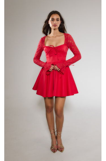Red Lace Sleeve Corset Mini Dress
