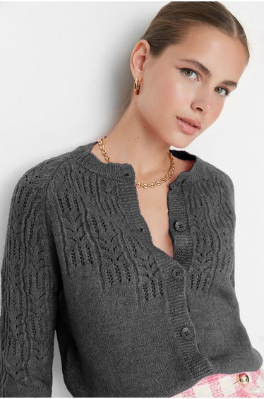 Anthracite Soft Textured Openwork/Perforated Knitwear Cardigan