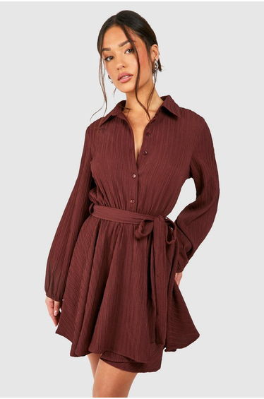 Petite Crinkle Skater Shirt Dress - chocolate