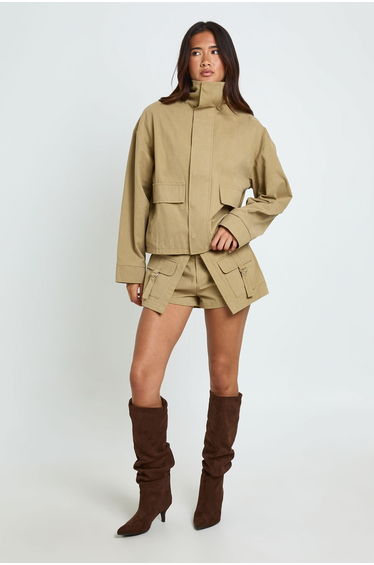 Oversized Twill Funnel Jacket - stone