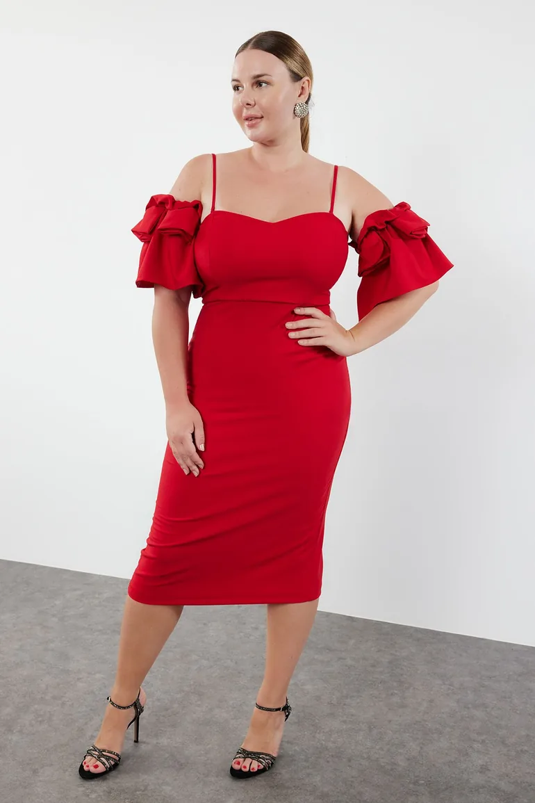 green emerald velvet dress Final Sale Plus Size Bodycon Dress with Slit Sleeves and Rhinestone Cuff in Red main image 1