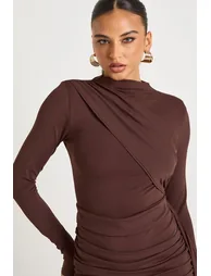 High Neck Drape Sculpt Slinky Mini Dress - chocolate - 3