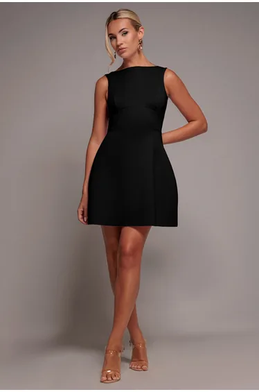Boatneck Open Back Scuba Mini Dress - Black by Goddiva