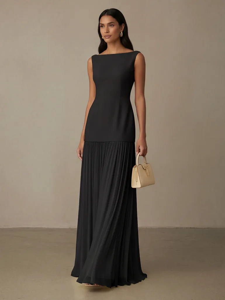 High-end Banquet Etiquette Long Dress with Patchwork Pleated Skirt - 2