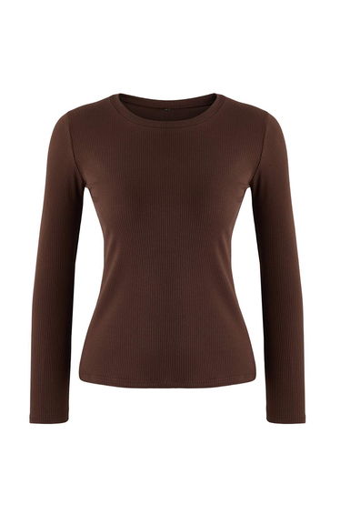 Brown Twill Stretchy Long Sleeve Crew Neck Knitted Blouse