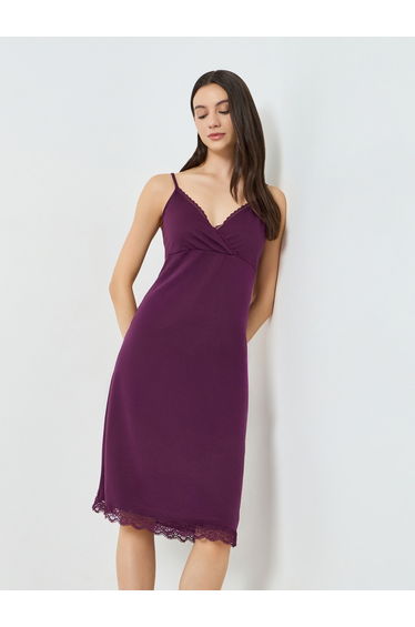 Purple Lace Trim Cross Over V Neck Slip Dress