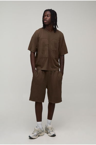 Oversized Boxy Applique Washed T-Shirt and Short Set - brown