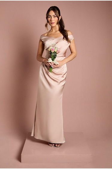 Satin Bardot Maxi Dress with Waist Ruching Detail