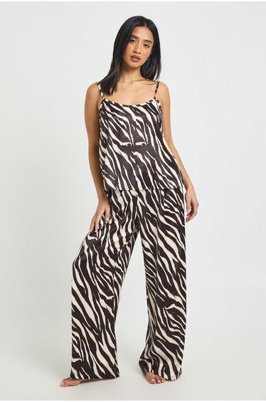 Petite Zebra Print Satin Cami & Wide Leg Trouser Pyjama Set - zebra
