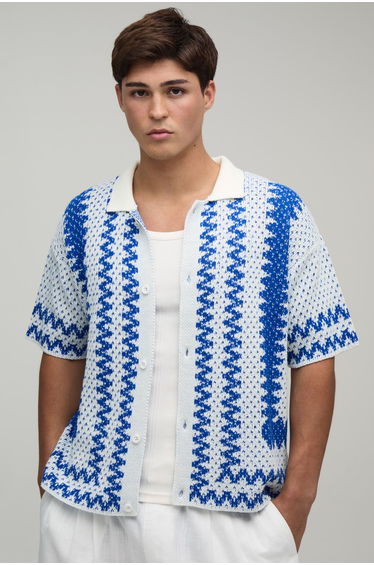 Boxy Wavy Border Short Sleeve Open Stitch Knitted Shirt - cobalt