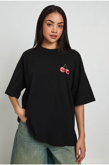 Cherry Print Front and Back Printed T-Shirt - black
