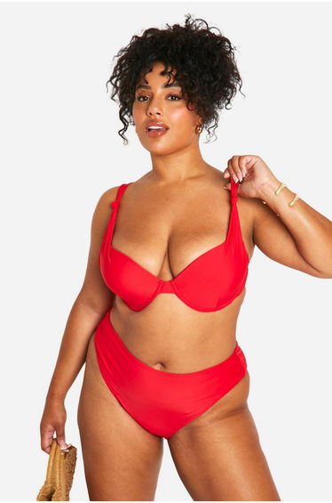 Plus Knotted Underwire High Waist Bikini - red