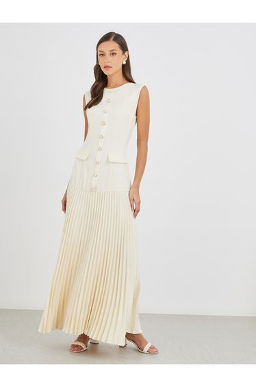 Women Cream Solid Sleeveless Pleated A-Line Maxi Dress