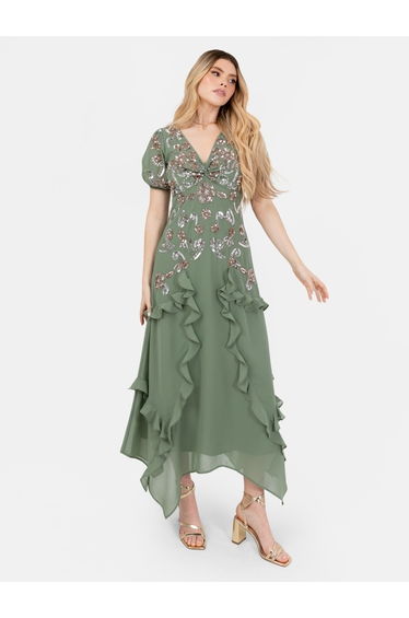 Maya Dark Sage Embellished Twist Bodice Asymmetric Hem Maxi Dress