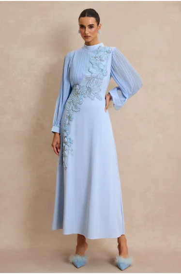 Embroidery Floral Applique Pleated Lantern Sleeve Maxi Dress