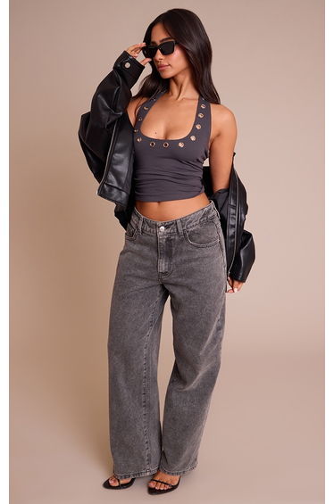 Petite Charcoal Halterneck Eyelet Detail Long Top