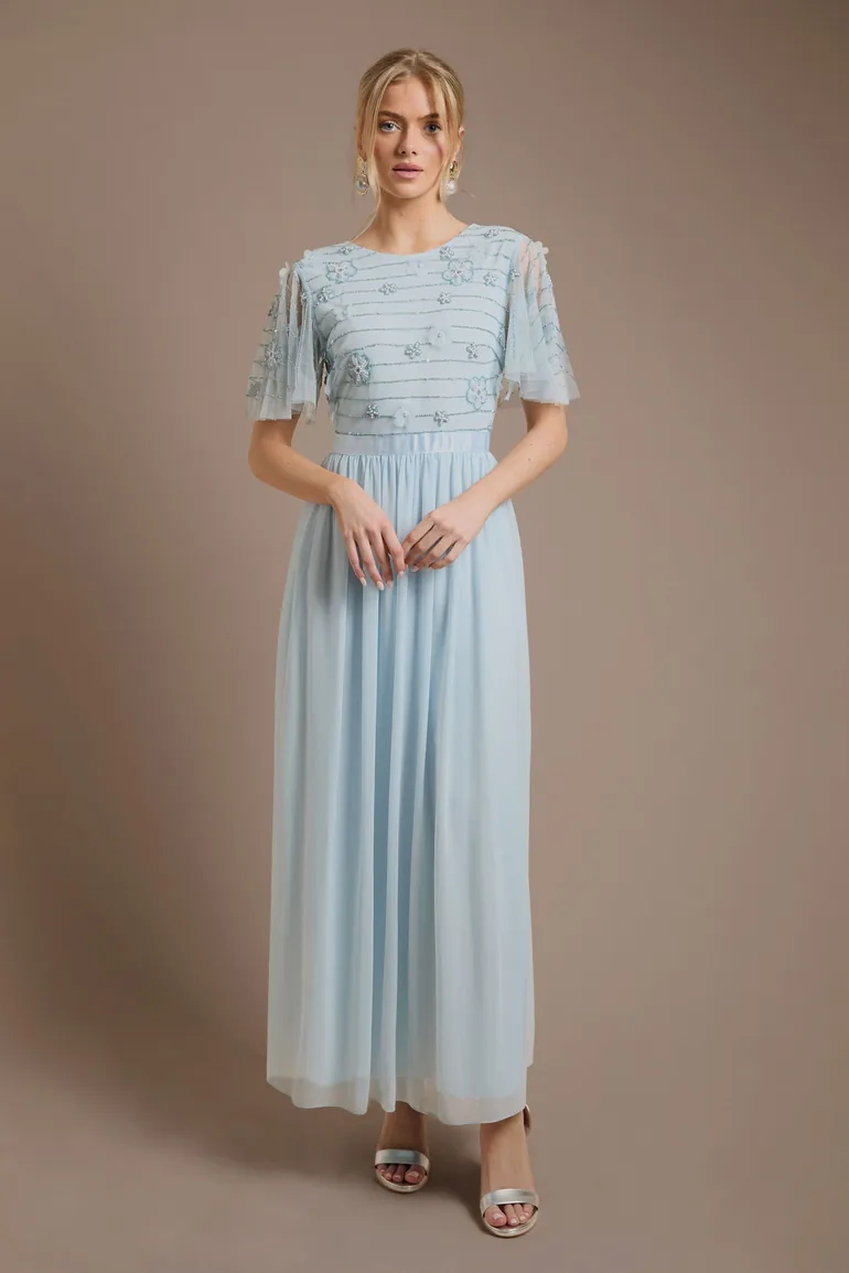 Petite Floral Embellished Mesh Angel Sleeve Maxi Dress