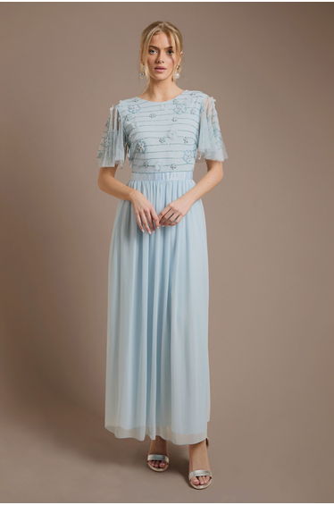 Petite Floral Embellished Mesh Angel Sleeve Maxi Dress