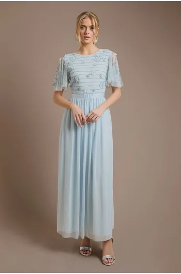 Petite Floral Embellished Mesh Angel Sleeve Maxi Dress