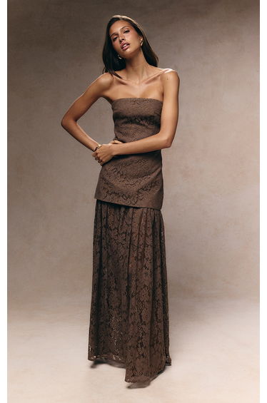 Taupe Lace Sheer Skirt Panel Bandeau Maxi Dress