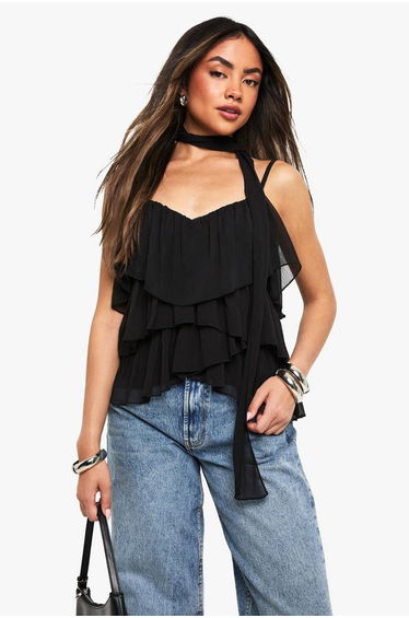 Crinkle Chiffon Ruffle Scarf Cami - black