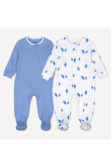 Pack of 2 Sleepsuits in Cotton with Bird/Striped Print