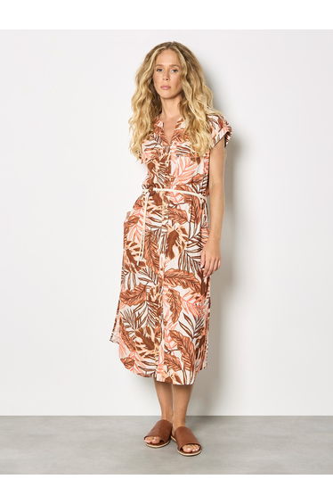 Tropical Leaf Linen Blend Shirt Midi Dress