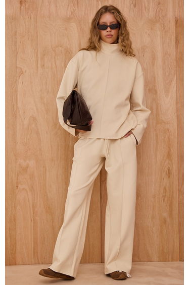 Cream Interlock Pintuck Straight Leg Jogger