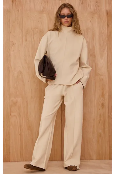 Cream Interlock Pintuck Straight Leg Jogger