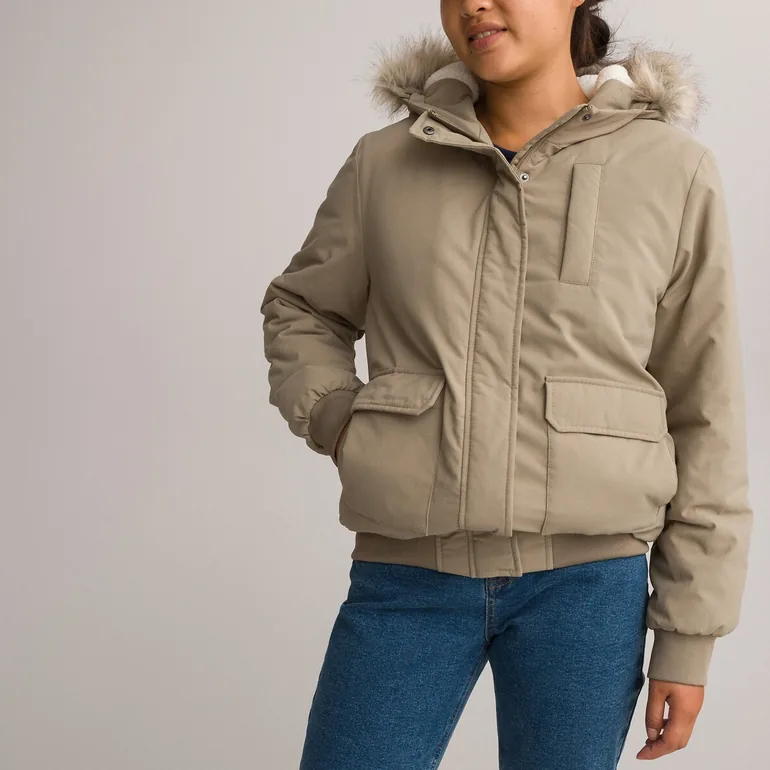 Hooded Jacket with Faux Fur Trim - 1