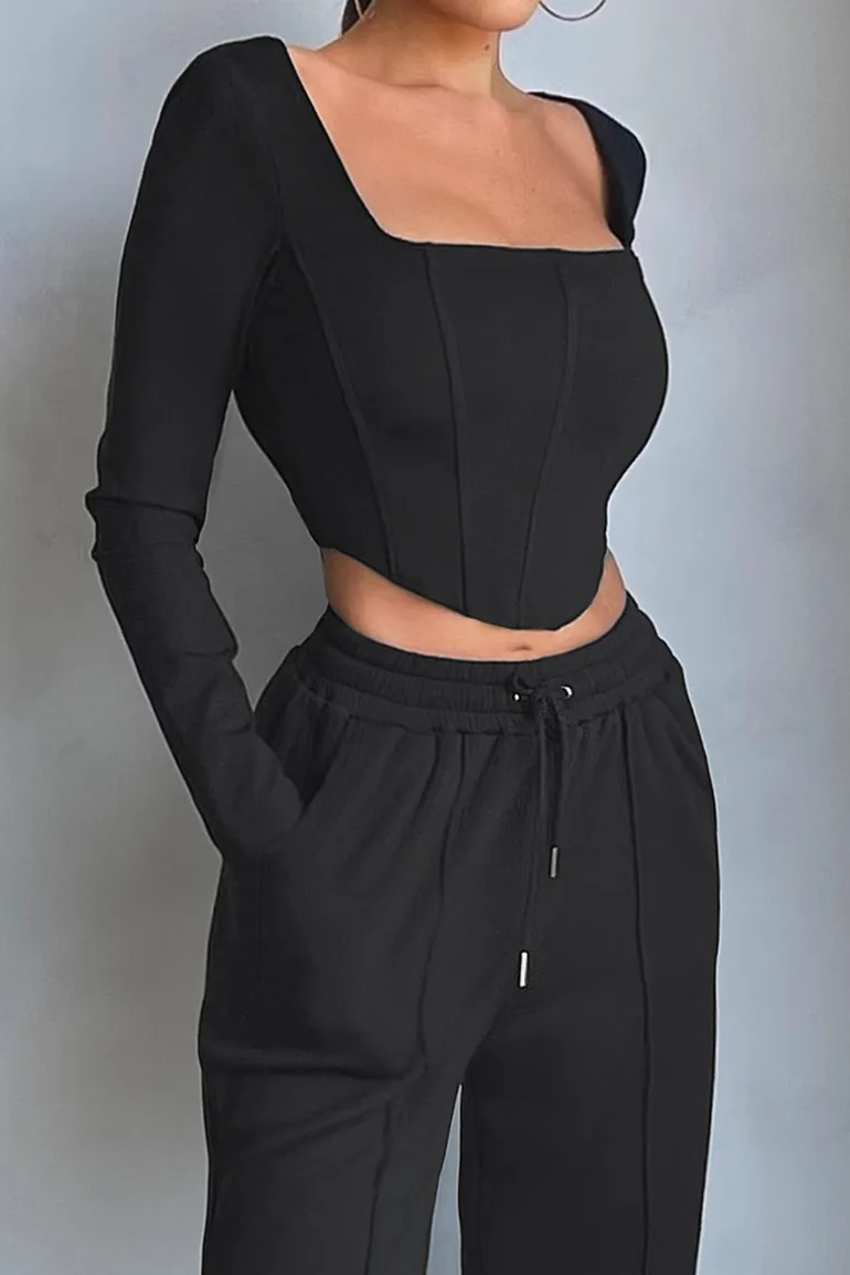 Black Long Sleeve Corset Crop Top - 3