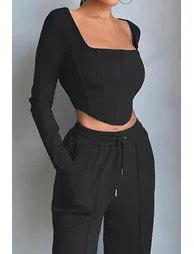 Black Long Sleeve Corset Crop Top - 3