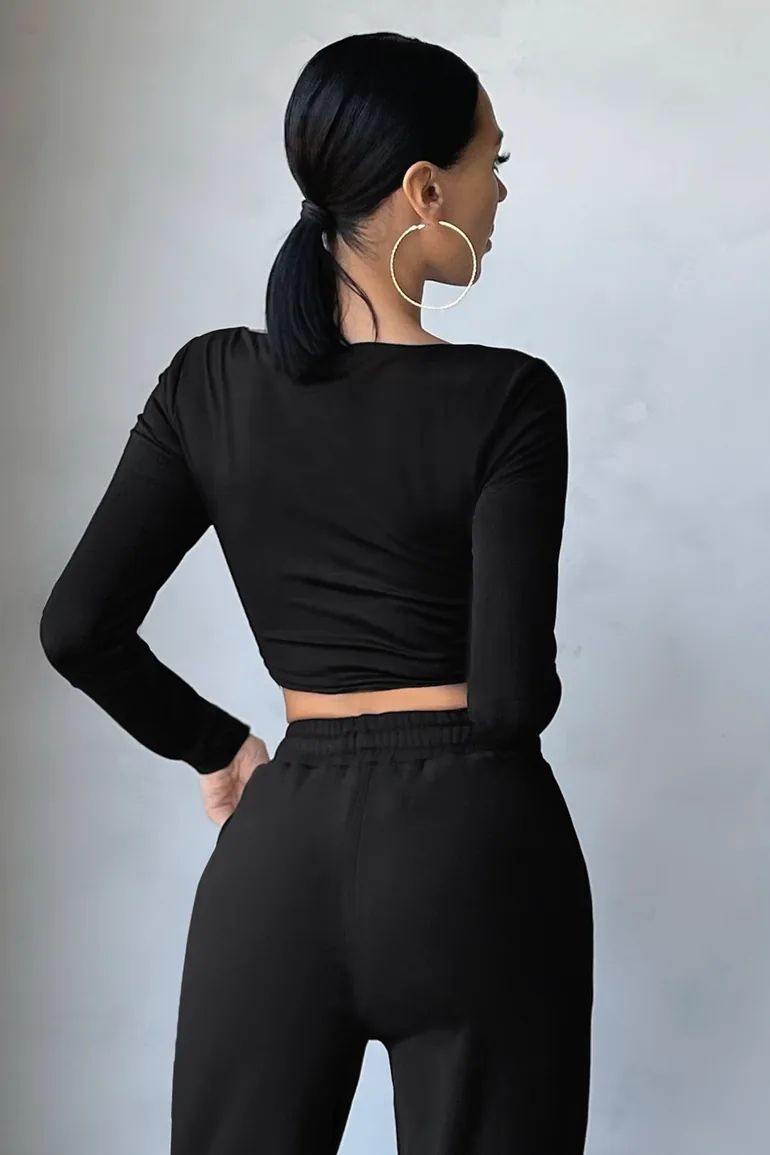 Black Long Sleeve Corset Crop Top - 4
